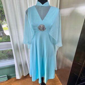 Vintage 70s dress, aqua blue, beaded applique, capelet and train, high mockneck